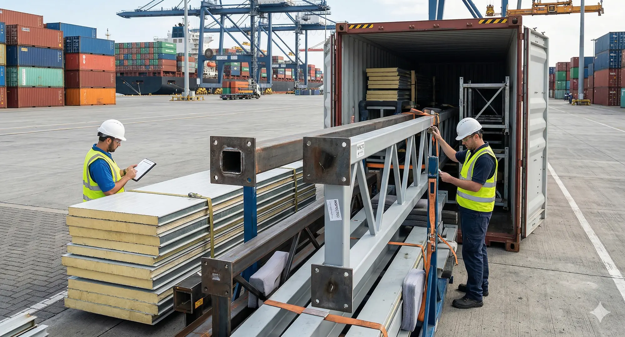 Steel structure components and sandwich panels inspected and loaded into a shipping container for export