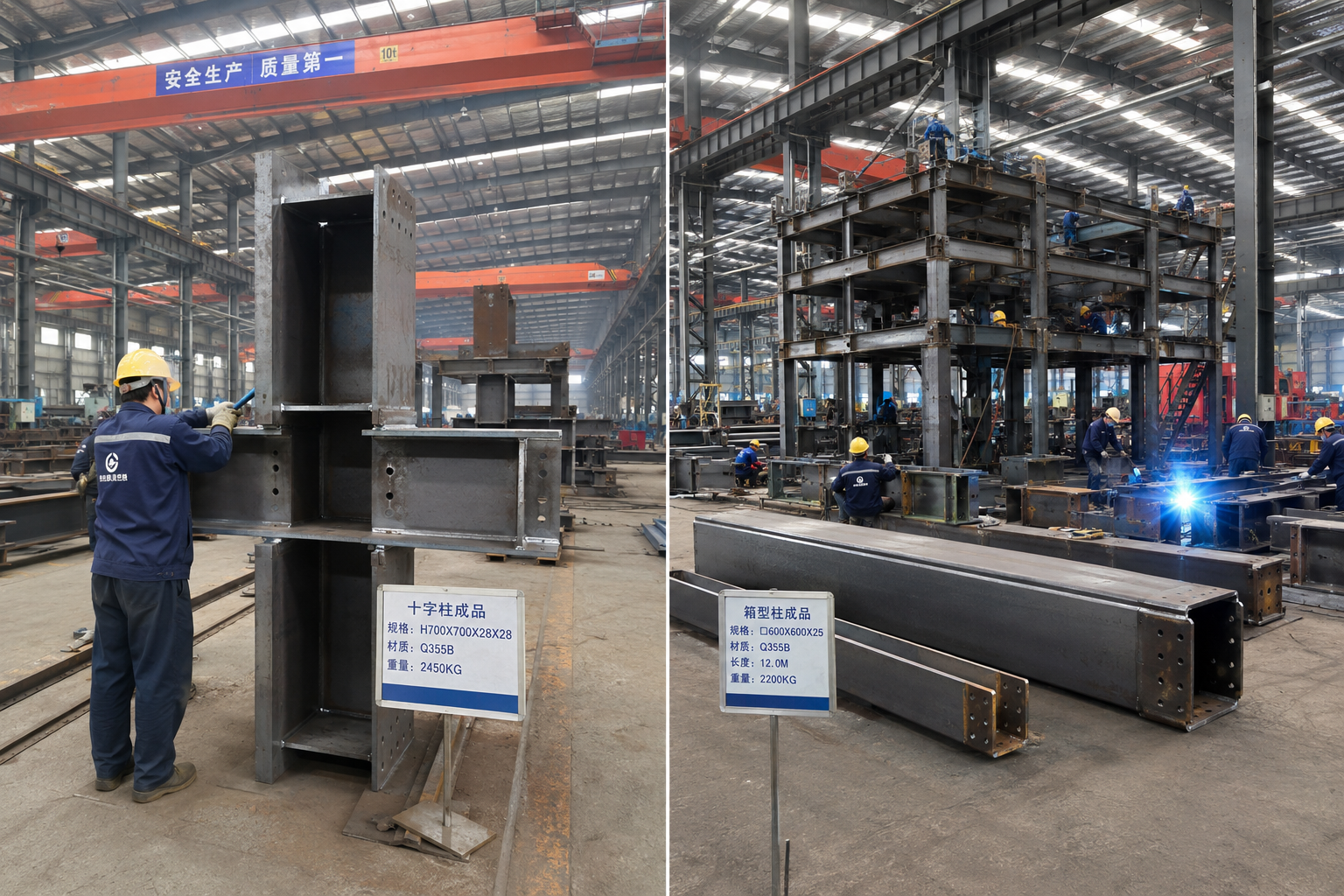 Welders fabricating structural steel columns on the CLX factory floor