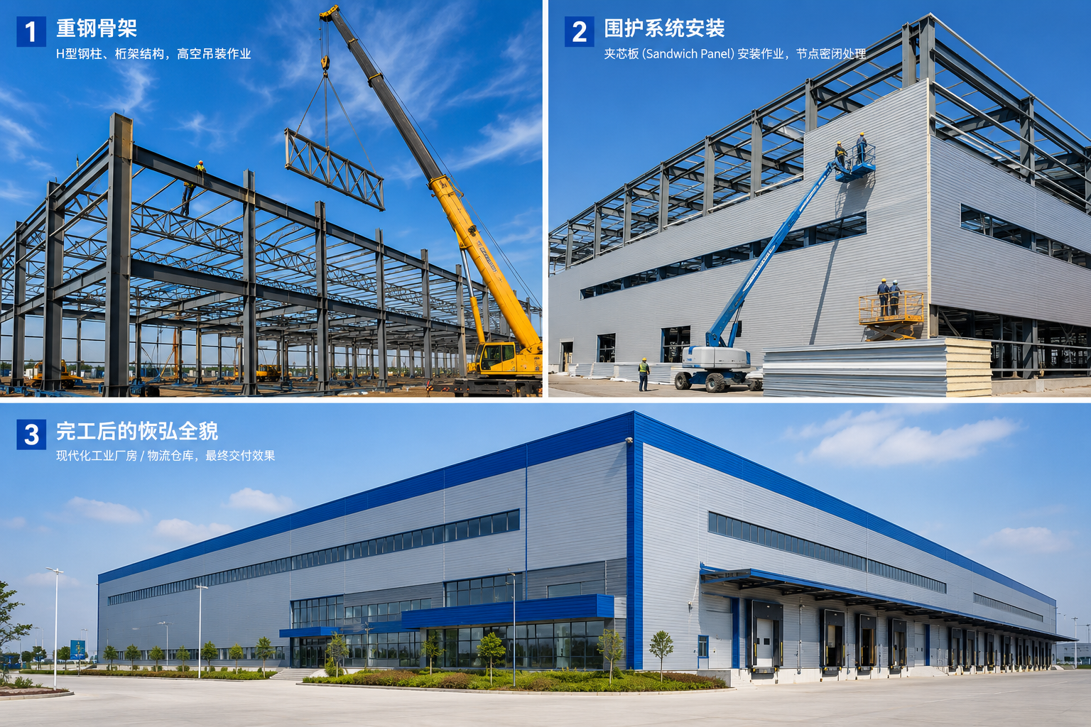 Industrial warehouse structural steel frame under erection, prepared for sandwich panel cladding