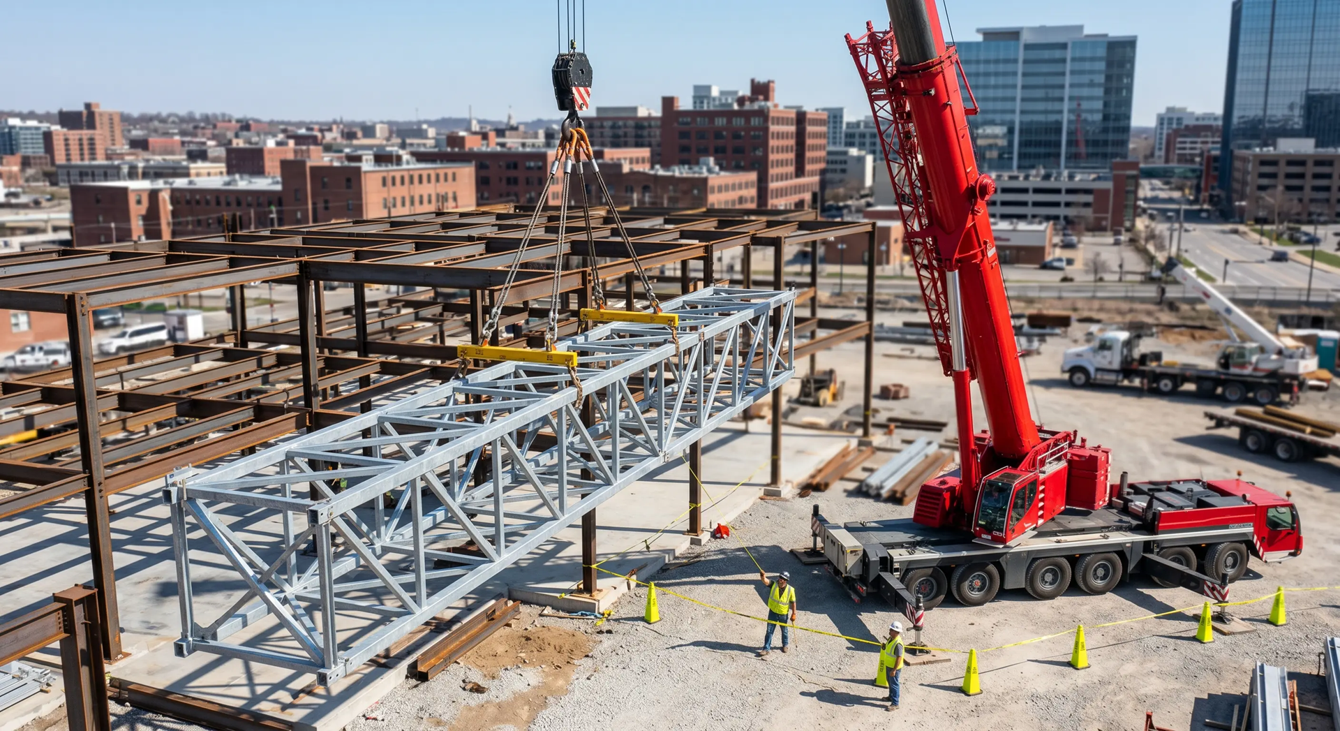 Mobile crane lifting a fabricated steel truss girder into place on site