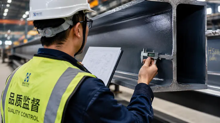 Quality control inspector measuring a structural steel beam with calipers
