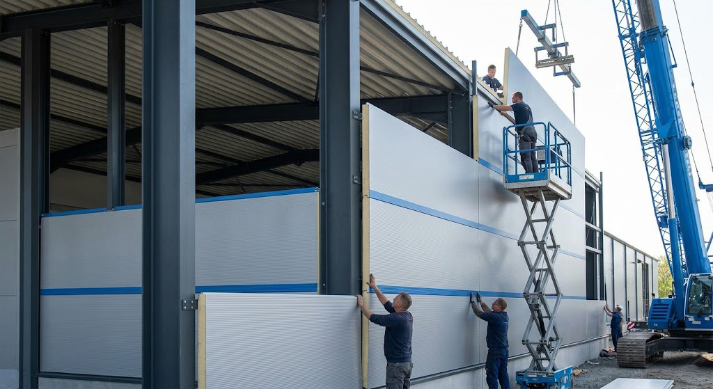 Insulated sandwich panels being installed on a CLX steel building envelope